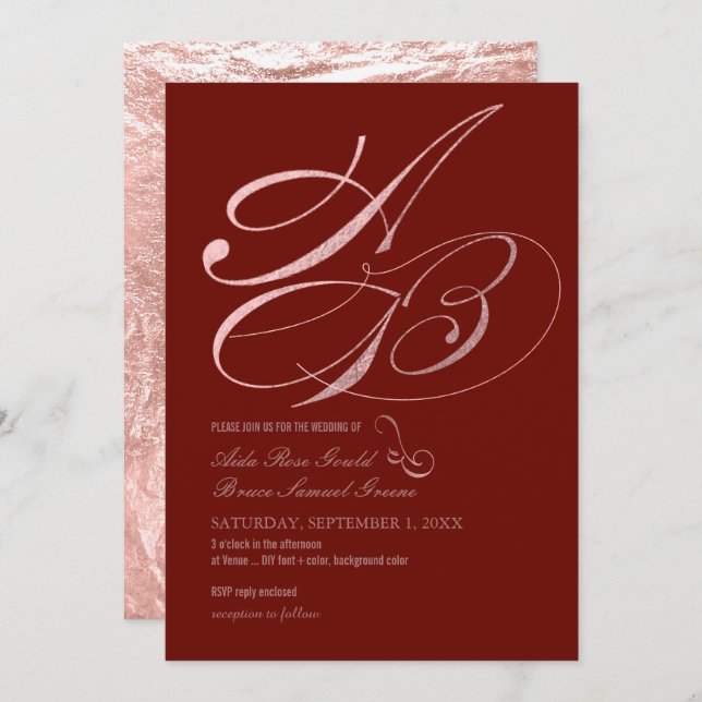 DIY Colour, Monograms, Faux Rose Gold Fancy Script Invitation (Front/Back)