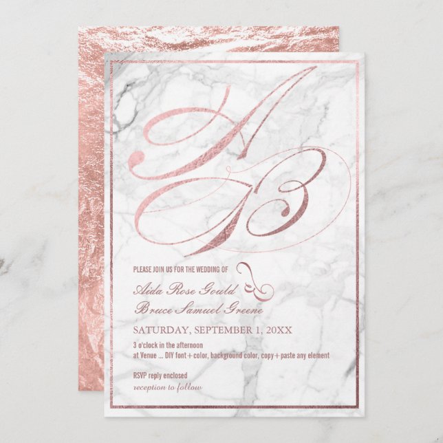 DIY Colour, Monograms, Faux Rose Gold Fancy Script Invitation (Front/Back)