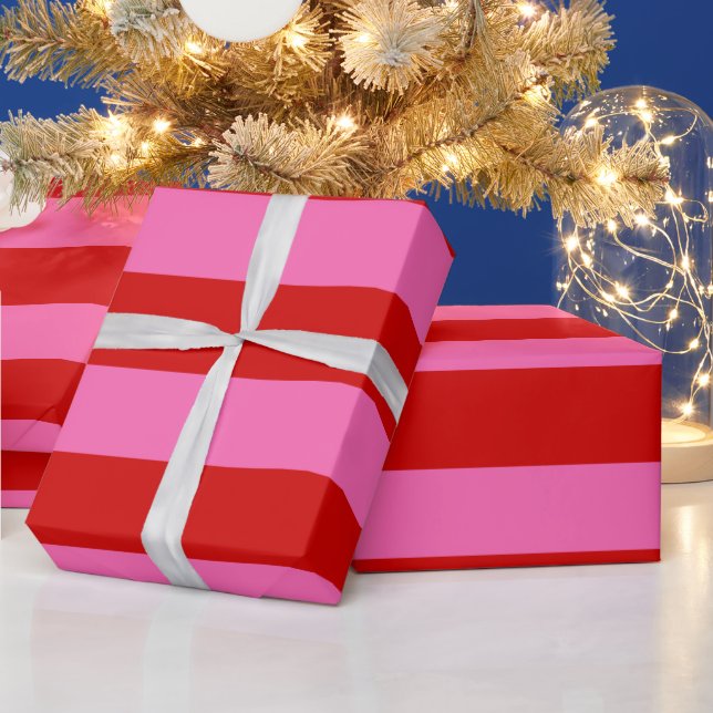 DIY Colour XL Preppy Stripe Red Hot Pink Wrapping Paper (Holidays)