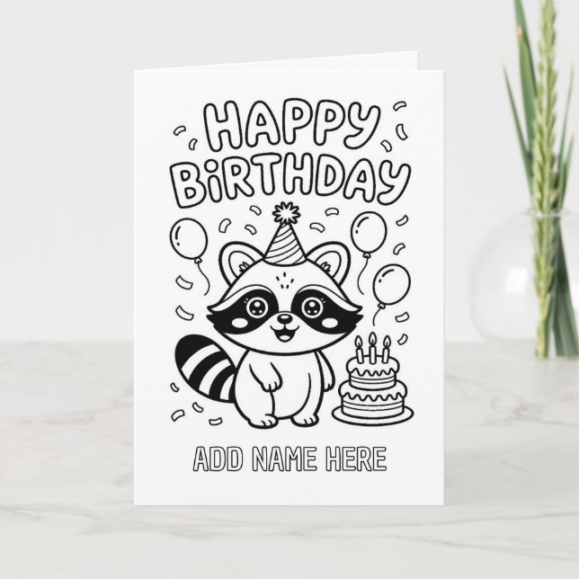 DIY colouring folded racoon birthday card (Front)