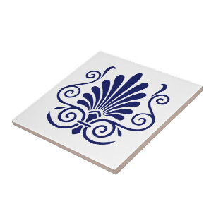 DIY Colours Art Deco Arabesque Plume Blue on White Tile