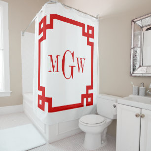 DIY Colours Greek Key #2 Framed 3I Monogm Red Grey Shower Curtain
