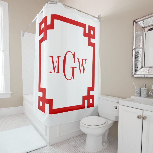 DIY Colours Greek Key #2 Framed 3I Monogm Red Grey Shower Curtain (In Situ)