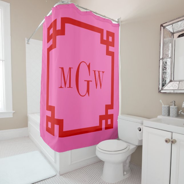 DIY Colours Greek Key #2 Framed 3I Monogm Red Pink Shower Curtain (In Situ)