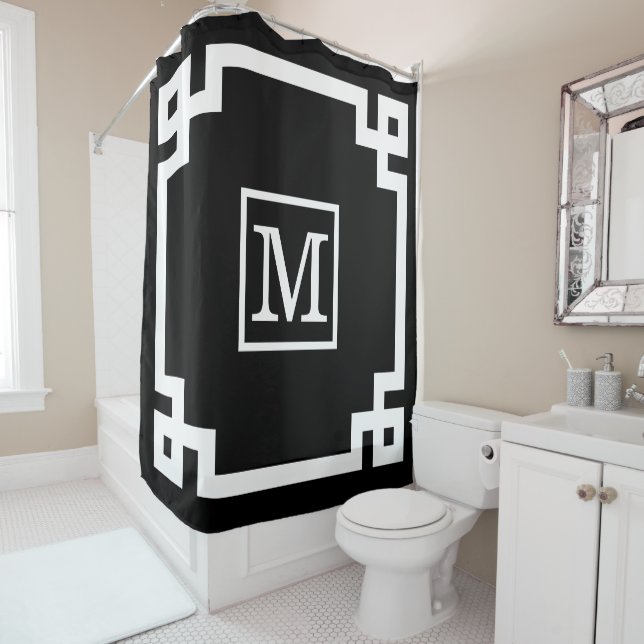 DIY Colours Greek Key #2 Framed Monogm White Blk S Shower Curtain (In Situ)