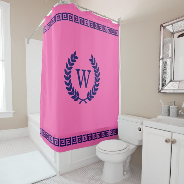 DIY Colours Greek Key S Laurel Monogm Navy Pink S Shower Curtain (In Situ)