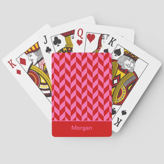 DIY Colours Herringbone Stripes SV Red Hot Pink Playing Cards (Back)