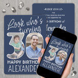 DIY Colours • Look Who's 30 Birthday Party 2 Photo Invitation<br><div class="desc">Look who's turning 30! Invite family and friends to an elegant 30th birthday celebration for him or her with custom 2 photo party invitations. Pictures and wording on this template are simple to personalise. The navy blue and white colours for the background, text and number outlines can all be customised...</div>