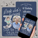 DIY Colours • Look Who's 30 Birthday Party 2 Photo Save The Date<br><div class="desc">Look who's turning 30! Invite family and friends to an upcoming 30th birthday celebration with elegant custom photo save the date party invitations. Pictures and wording on this template are simple to personalise. The navy blue and white colours for the background, text and number outlines can all be customised by...</div>