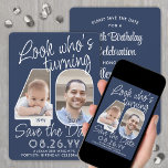 DIY Colours • Look Who's 40 Birthday Party 2 Photo Save The Date<br><div class="desc">Look who's turning 40! Invite family and friends to an upcoming 40th birthday celebration with elegant custom photo save the date party invitations. Pictures and wording on this template are simple to personalise. The navy blue and white colours for the background, text and number outlines can all be customised by...</div>