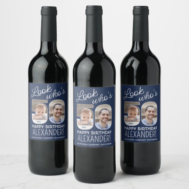 DIY Colours • Look Who's 50 Birthday Party 2 Photo Wine Label (Bottles)