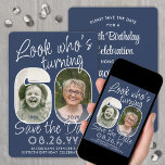 DIY Colours • Look Who's 60 Birthday Party 2 Photo Save The Date<br><div class="desc">Look who's turning 60! Invite family and friends to an upcoming 60th birthday celebration with elegant custom photo save the date party invitations. Pictures and wording on this template are simple to personalise. The navy blue and white colours for the background, text and number outlines can all be customised by...</div>