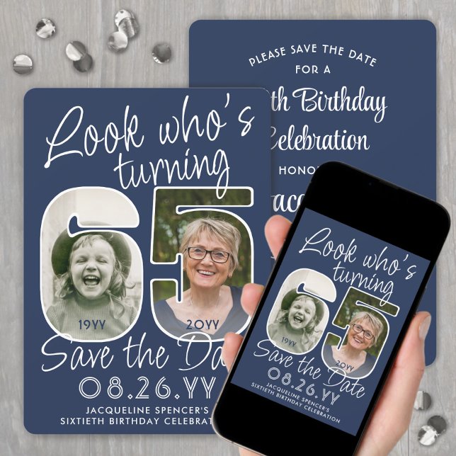 DIY Colours • Look Who's 65 Birthday Party 2 Photo Save The Date (Creator Uploaded)