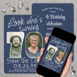 DIY Colours • Look Who's 70 Birthday Party 2 Photo Save The Date<br><div class="desc">Look who's turning 70! Invite family and friends to an upcoming 70th birthday celebration with elegant custom photo save the date party invitations. Pictures and wording on this template are simple to personalise. The navy blue and white colours for the background, text and number outlines can all be customised by...</div>