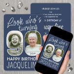 DIY Colours • Look Who's 90 Birthday Party 2 Photo Invitation<br><div class="desc">Look who's turning 90! Invite family and friends to an elegant 90th birthday celebration for him or her with custom 2 photo party invitations. Pictures and wording on this template are simple to personalise. The navy blue and white colours for the background, text and number outlines can all be customised...</div>