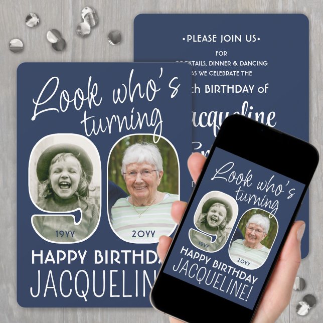 DIY Colours • Look Who's 90 Birthday Party 2 Photo Invitation (Creator Uploaded)
