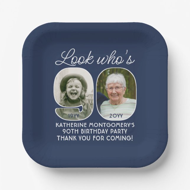 DIY Colours • Look Who's 90 Birthday Party 2 Photo Paper Plate (Front)
