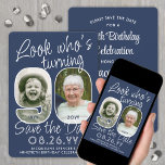DIY Colours • Look Who's 90 Birthday Party 2 Photo Save The Date<br><div class="desc">Look who's turning 90! Invite family and friends to an upcoming 90th birthday celebration with elegant custom photo save the date party invitations. Pictures and wording on this template are simple to personalise. The navy blue and white colours for the background, text and number outlines can all be customised by...</div>