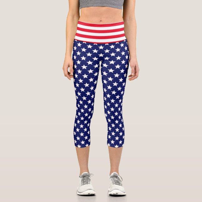 DIY Colours Stars Stripes Red White Navy Capri Leggings (Front)
