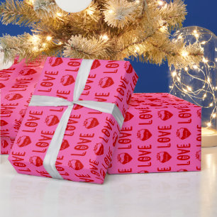 DIY Colours Strawberry LOVE Hearts Text Ht Pink Re Wrapping Paper