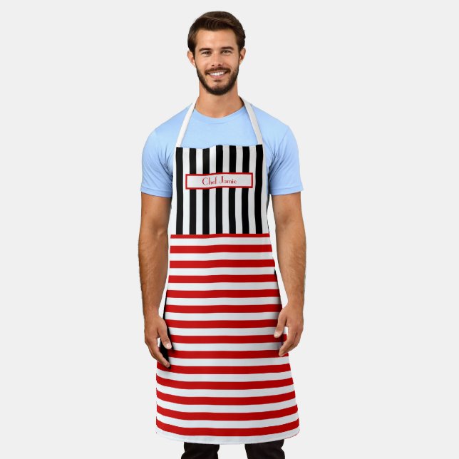 DIY Colours Vertical Horizontal Stripe Red White B Apron (Worn)