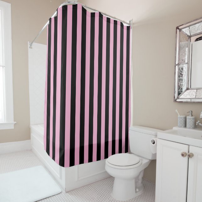 DIY Colours Vertical Stripe NL #0 Lt Pink Black Shower Curtain (In Situ)