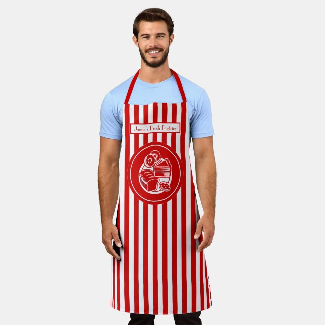 DIY Colours Vertical Stripe Red White Pastry Baker Apron (Worn)