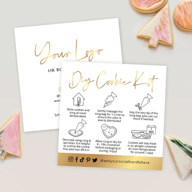 DIY Cookie Decorating Guide White & Gold Script Square Business Card (cookie decorating kit instructions cards in white and faux gold with space for your logo)