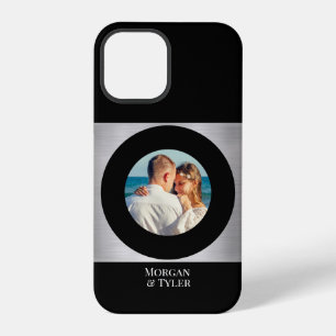 DIY Couple's Photo & Names Blk Circle Silver Black iPhone 12 Pro Case