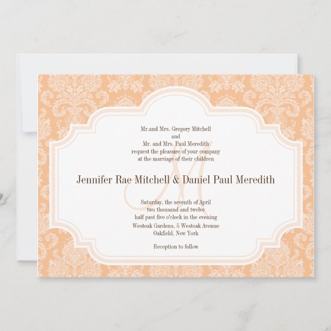 DIY Custom Wedding Invitations Peach Damask (Front)