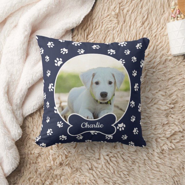 DIY Dog Photo Circle Name Bone White Paws Navy Cushion (Blanket)