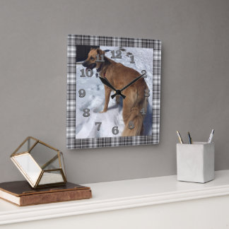 DIY dog photo with grey and black plaid frame Square Wall Clock