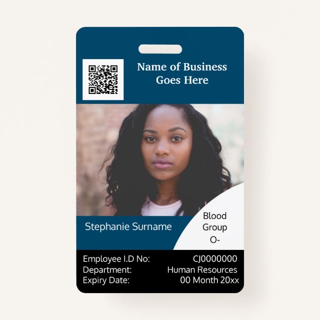 DIY Employee ID card blue black white ID Badge (Front)