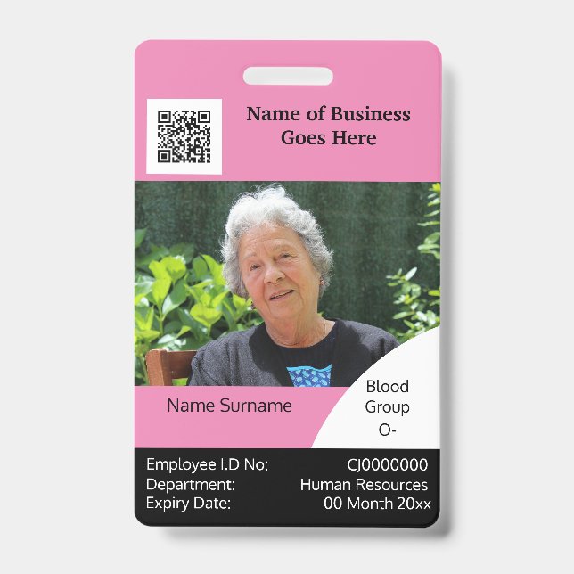 DIY Employee ID card pink black white template Badge (Front)