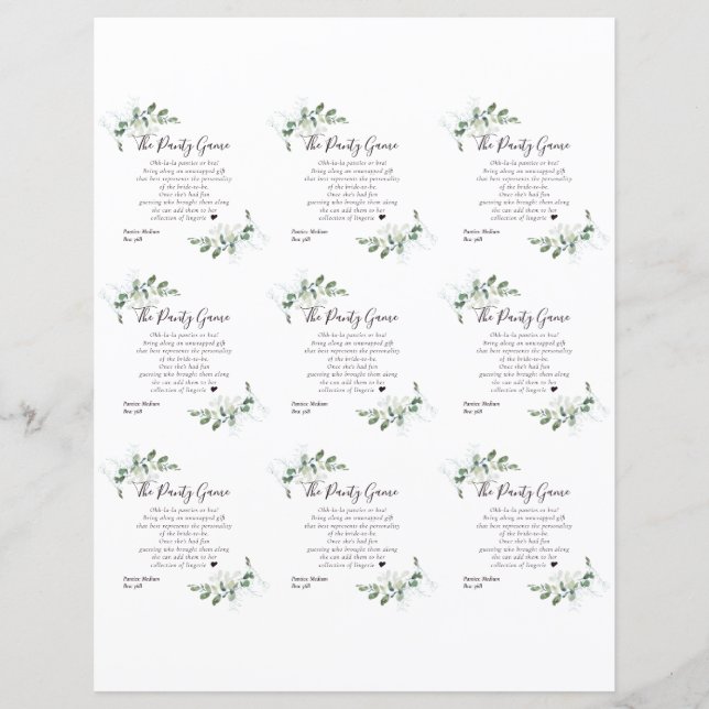 DIY Eucalyptus Bridal Shower Panty Game Card (Front)