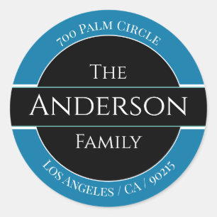 DIY Family Name & Address, Blue, Black and White Classic Round Sticker