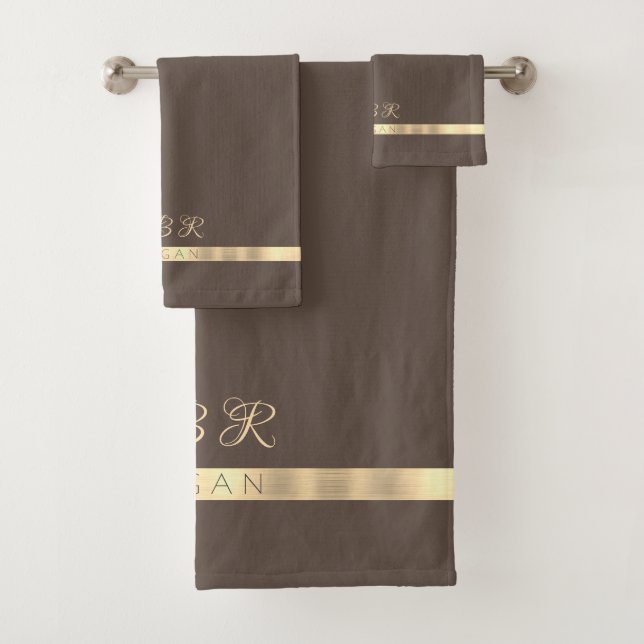DIY Fancy Gold Monogram Name, Gold Stripe, Brown Bath Towel Set (Insitu)