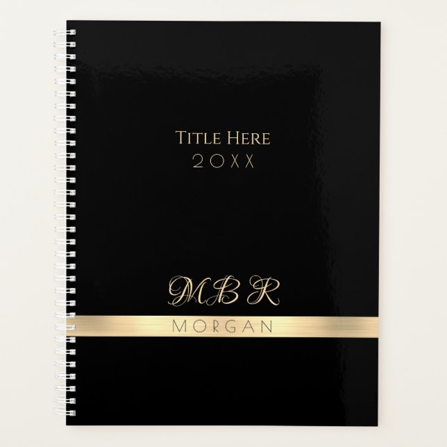 DIY Fancy Gold Monogram & Name, Title, Black Planner (Front)