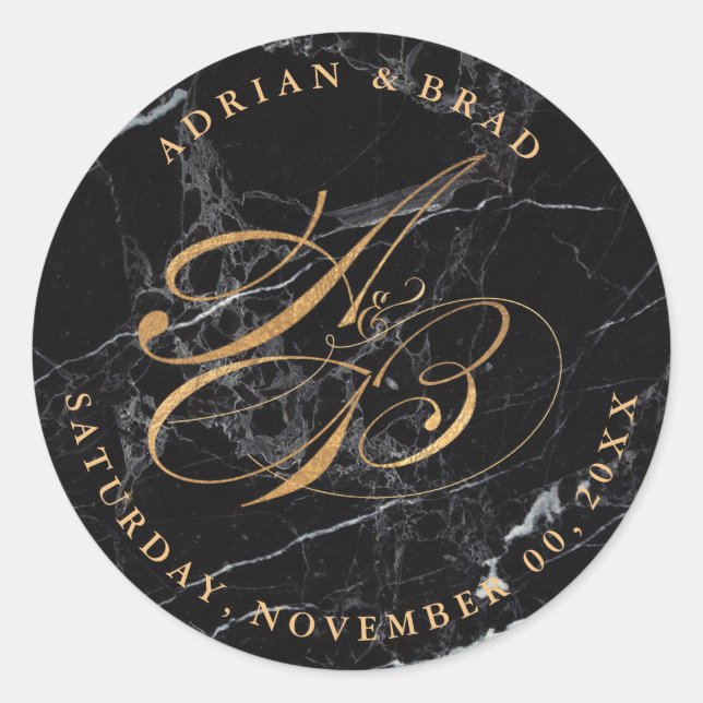 DIY Faux Gold Calligraphy Monograms/Black Marble Classic Round Sticker (Front)