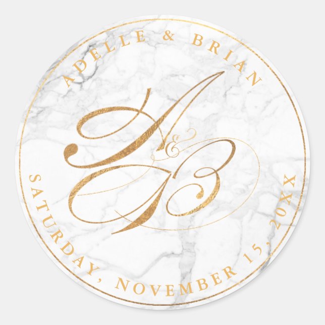 DIY Faux Gold Calligraphy Monograms/White Marble Classic Round Sticker (Front)