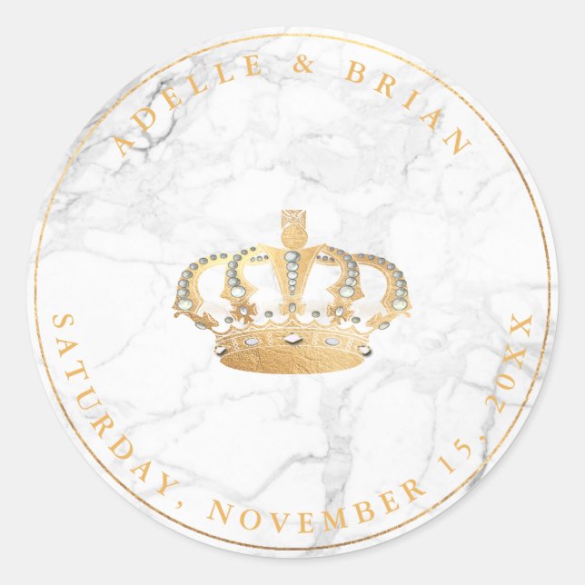 DIY Faux Gold Crown w/Pearl+Marble Classic Round Sticker (Front)