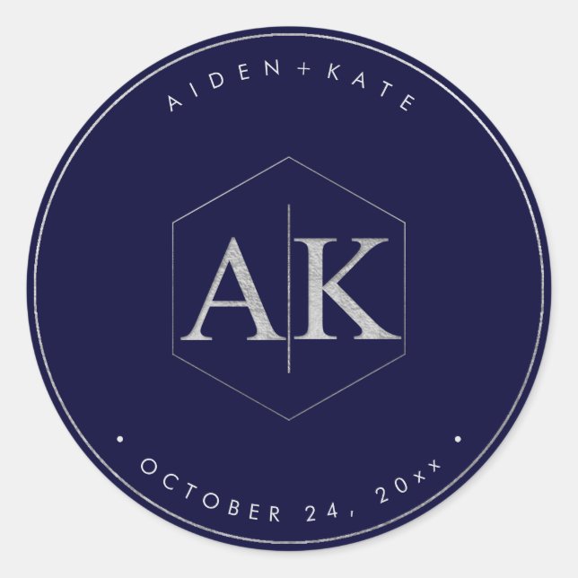 DIY Faux Silver Monogram Classic Round Sticker (Front)