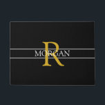 DIY Gold Monogram, White Name, Black, Grey Stripes Doormat<br><div class="desc">Personalise this trendy black doormat with Gold Monogram and White Name. A simple,  yet elegant design for him or her with 2 grey stripes.</div>