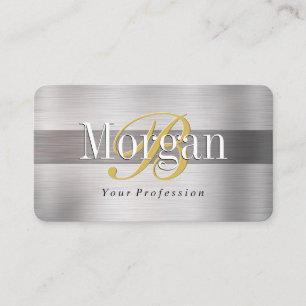 DIY Gold Monogram White Name Lt & Dk Brushed Steel Business Card