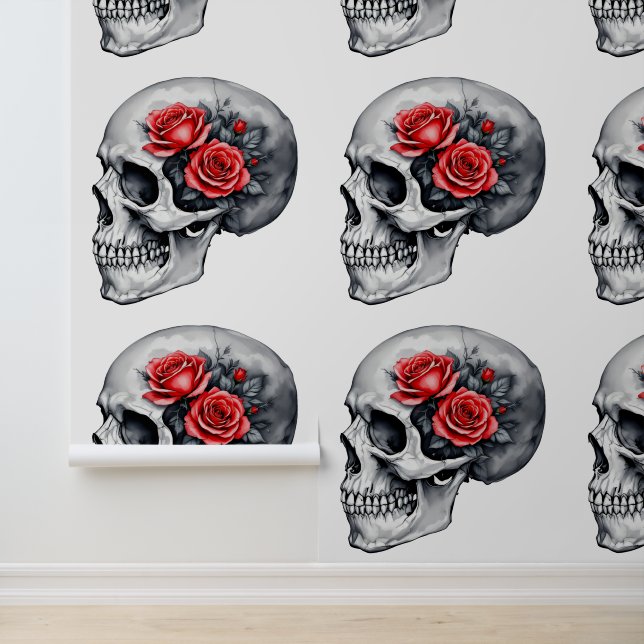 DIY Gothic Skull with Romantic Floral Red Roses Wallpaper (Application)