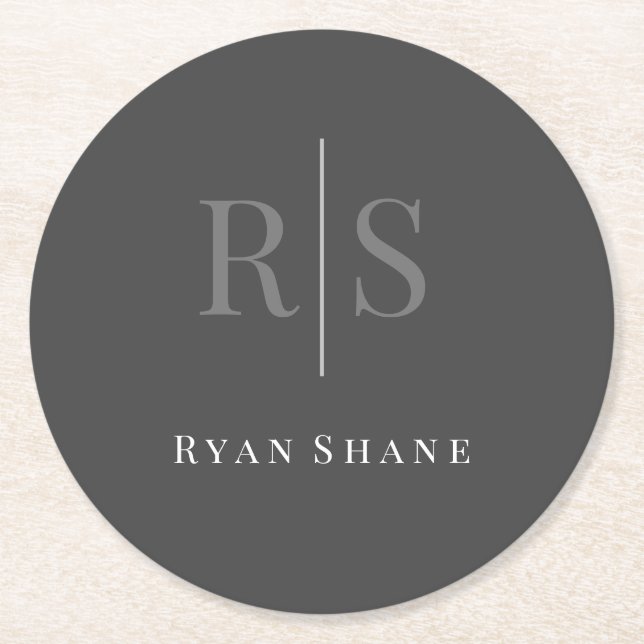 DIY Grey Monogram & White Name on Dark Grey Round Paper Coaster (Front)