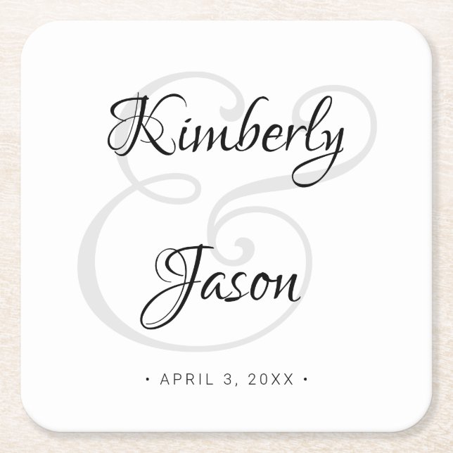 DIY His & Her Script Names, Black & Grey Wedding Square Paper Coaster (Front)