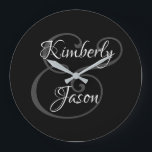 DIY His & Her Script Names, White & Grey on Black  Large Clock<br><div class="desc">His and her names in beautiful white and grey script lettering for an elegant design on black background. Click “Customise” to change colours and type styles.</div>