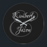 DIY His & Her Script Names, White & Grey on Black  Large Clock<br><div class="desc">His and her names in beautiful white and grey script lettering for an elegant design on black background. Click “Customise” to change colours and type styles.</div>