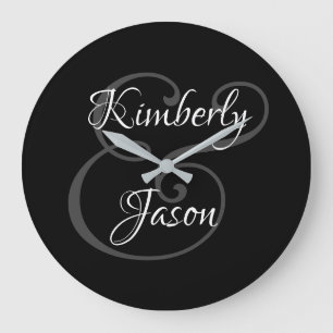 DIY His & Her Script Names, White & Grey on Black  Large Clock